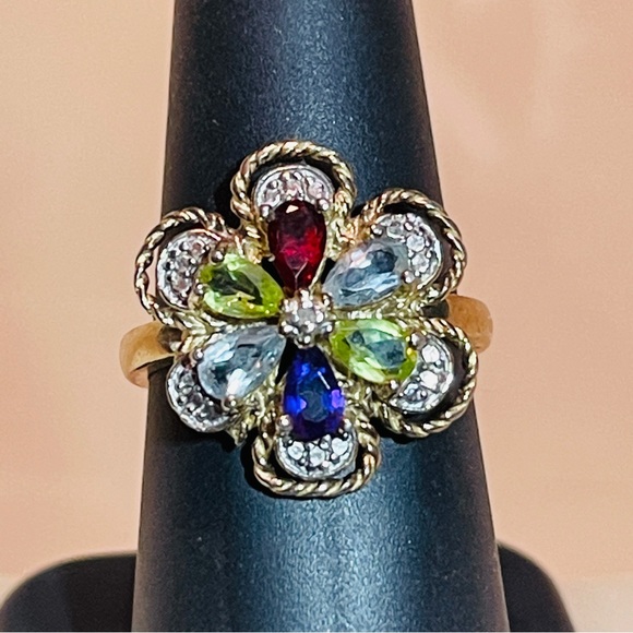 đź’•MARKDOWN! Beautiful Multi-Gem 925 Sterling Roped Flower Design Dinner Ring! - Picture 6 of 16
